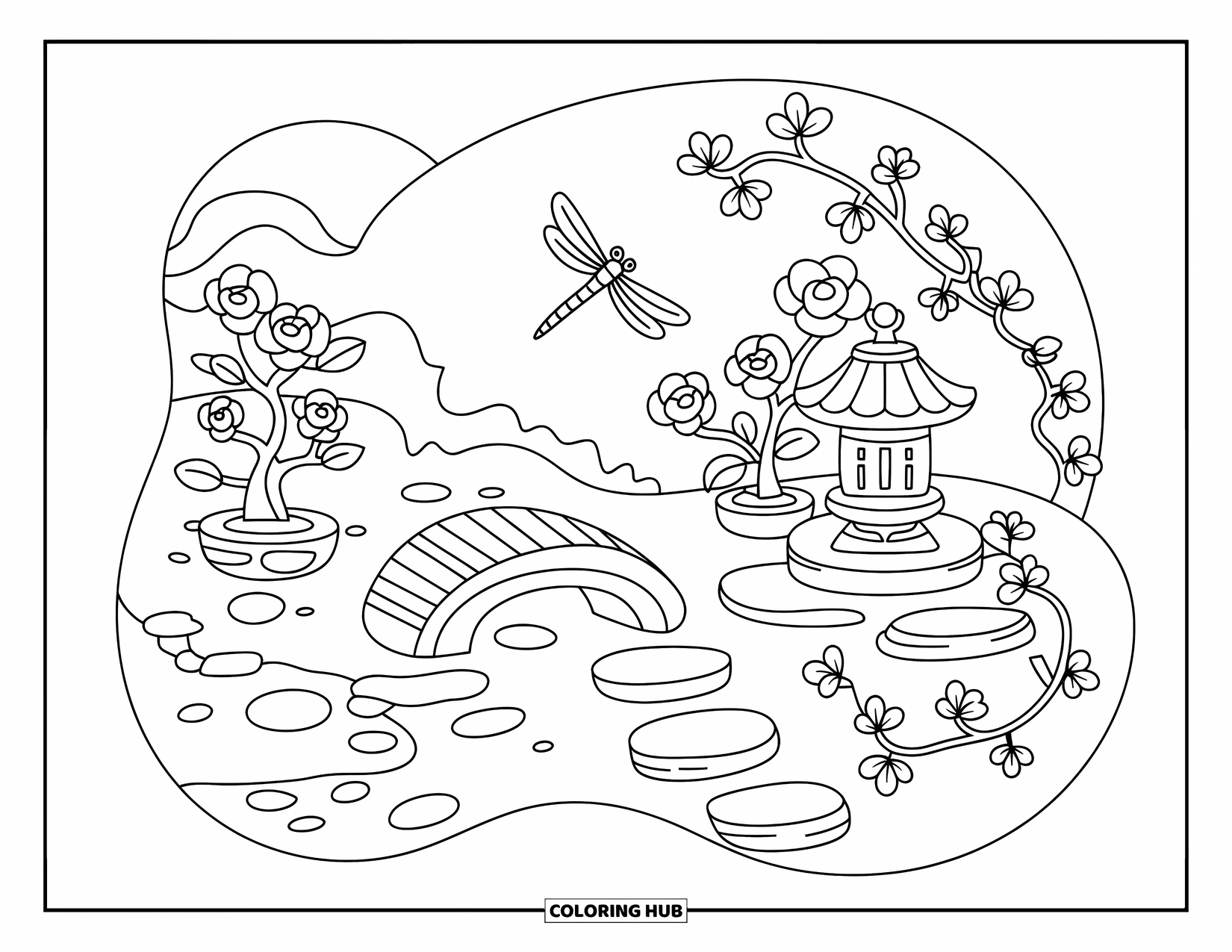 Dragonfly Coloring Page for Adults: A tiny tea garden with bonsai trees, a curved bridge, and a dragonfly nearby