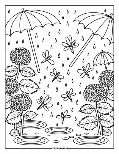 Kolorowanka z ważką dla dorosłych: Ważki tańczą w delikatnym deszczu, zostawiając pętelkowate ślady nad kałużami i hortensją