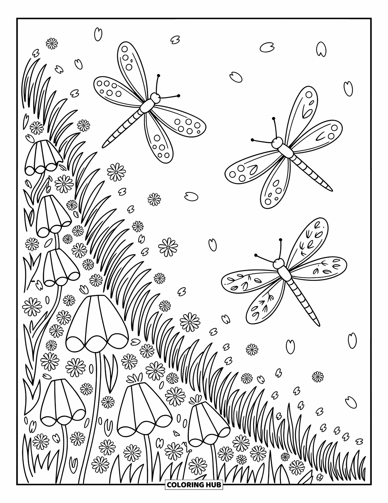Dragonfly Coloring Page for Adults: Dragonflies with polka dot, bow, and leaf wings flutter through a dreamy meadow