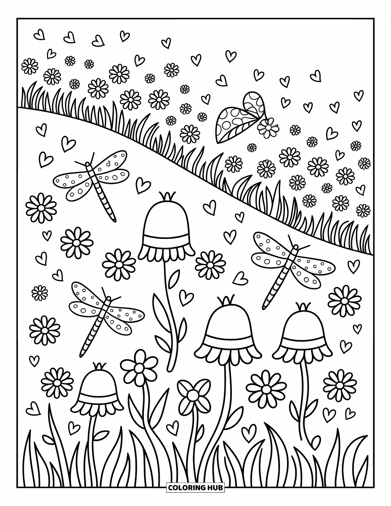 Dragonfly Coloring Page for Adults: Three dragonflies with cute wing patterns fly through a hill of bellflowers and daisies