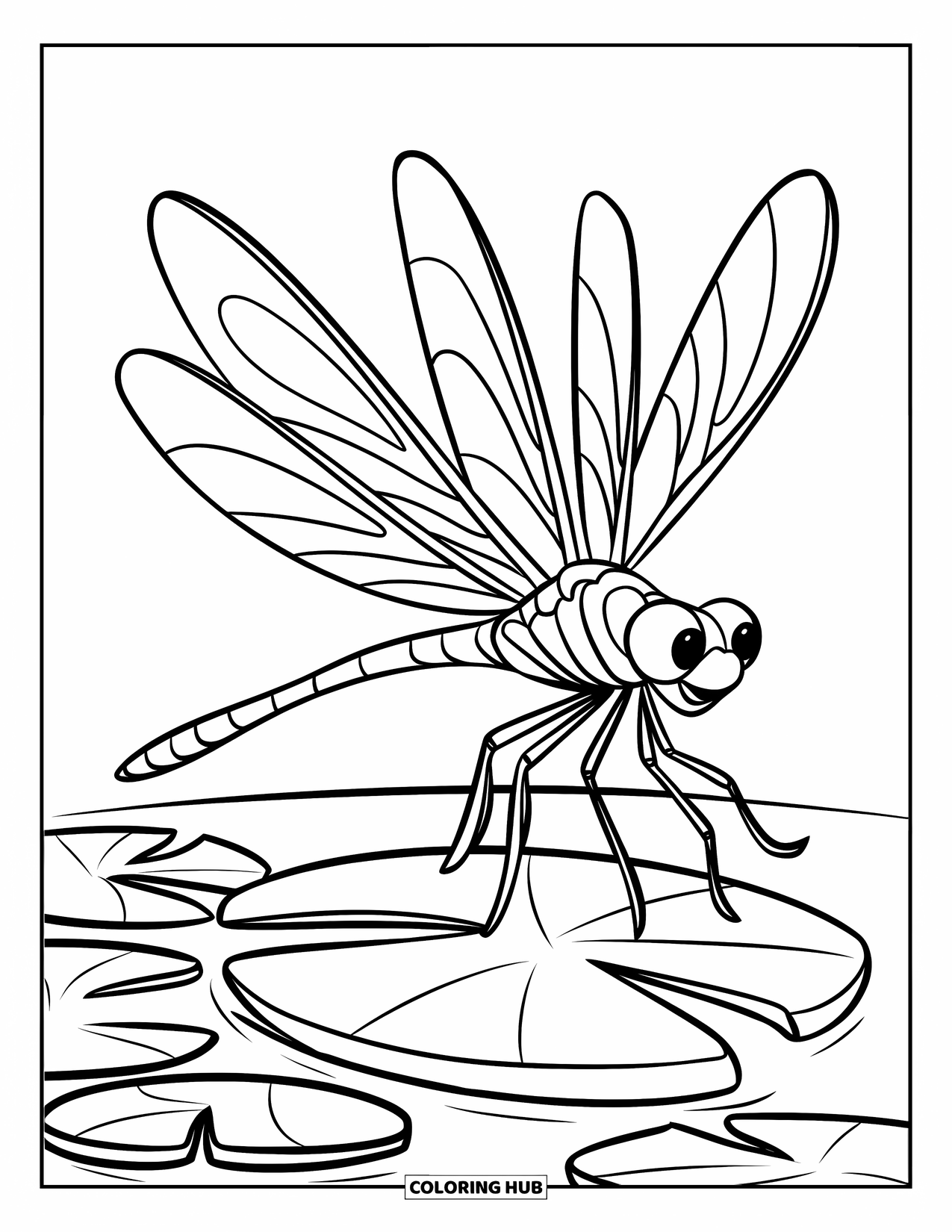 Dragonfly Coloring Page for Kids: A bold dragonfly with wide wings flies above a quiet lily pad