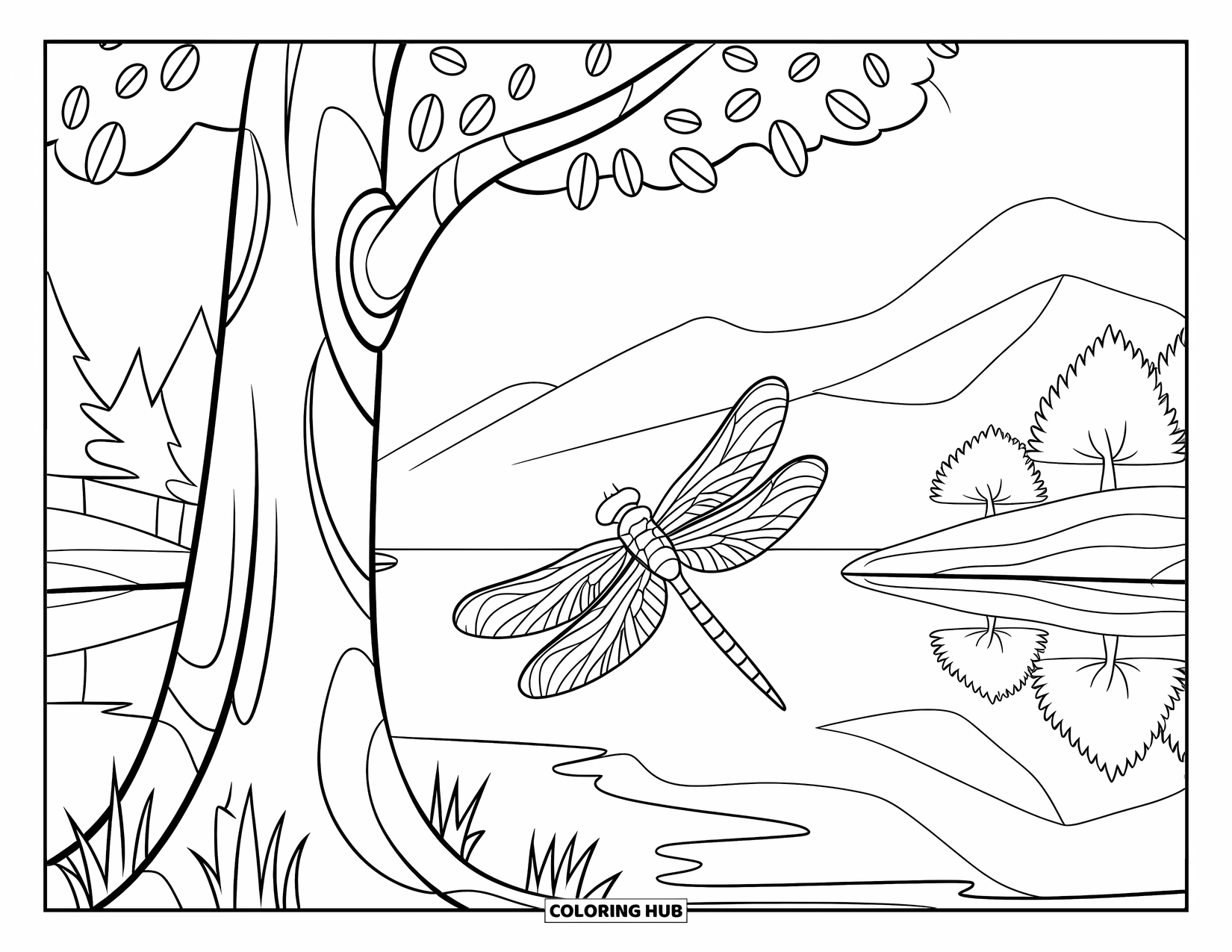 Dragonfly Coloring Page for Kids: A dragonfly circles a tree trunk near a calm lake with mountain views