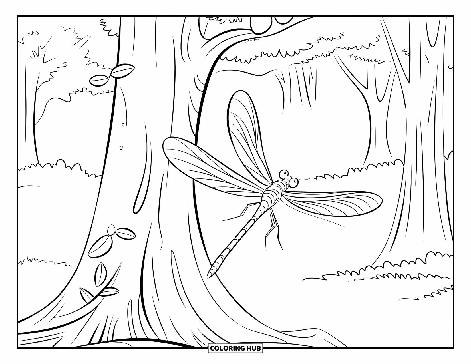 Dragonfly Coloring Page for Kids: A dragonfly flies by a thick tree trunk in a quiet forest clearing