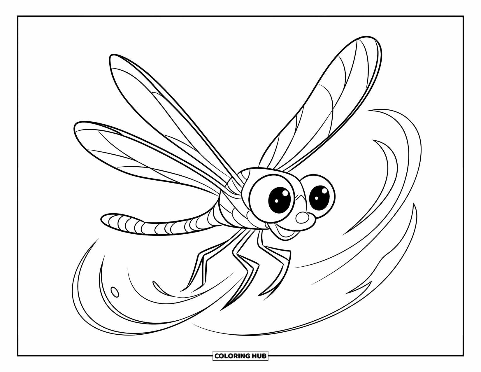 Dragonfly Coloring Page for Kids: A dragonfly flies in mid-air with playful swirl lines around it