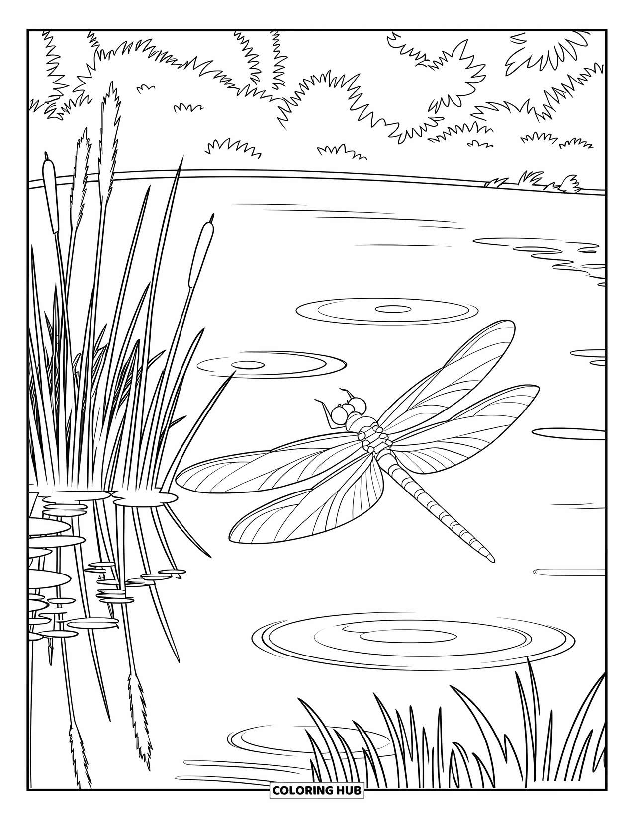 Dragonfly Coloring Page for Kids: A dragonfly perches on a reed by a rippling lake surrounded by plants