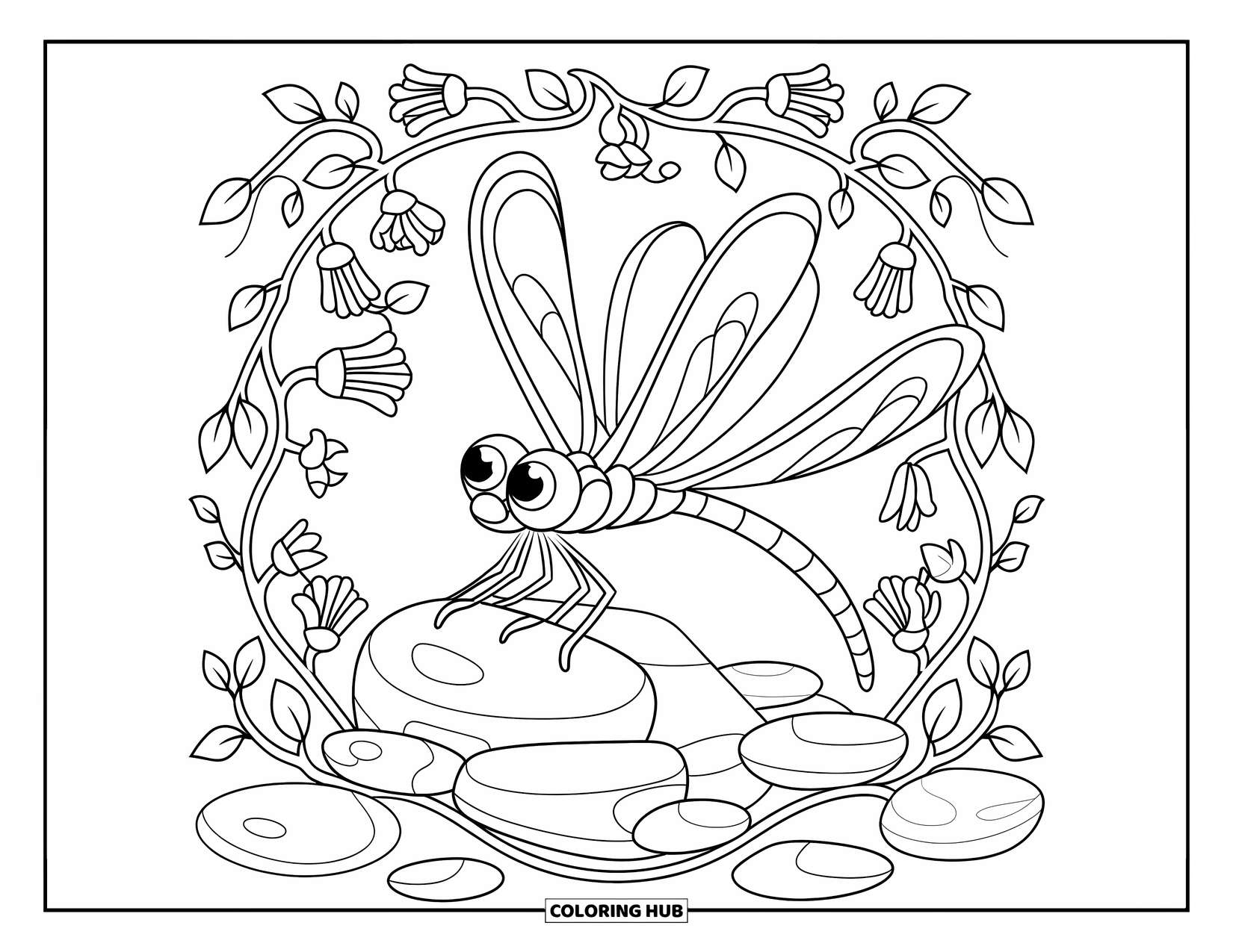 Dragonfly Coloring Page for Kids: A dragonfly sits on a stone, framed by curling vines and blooming flowers