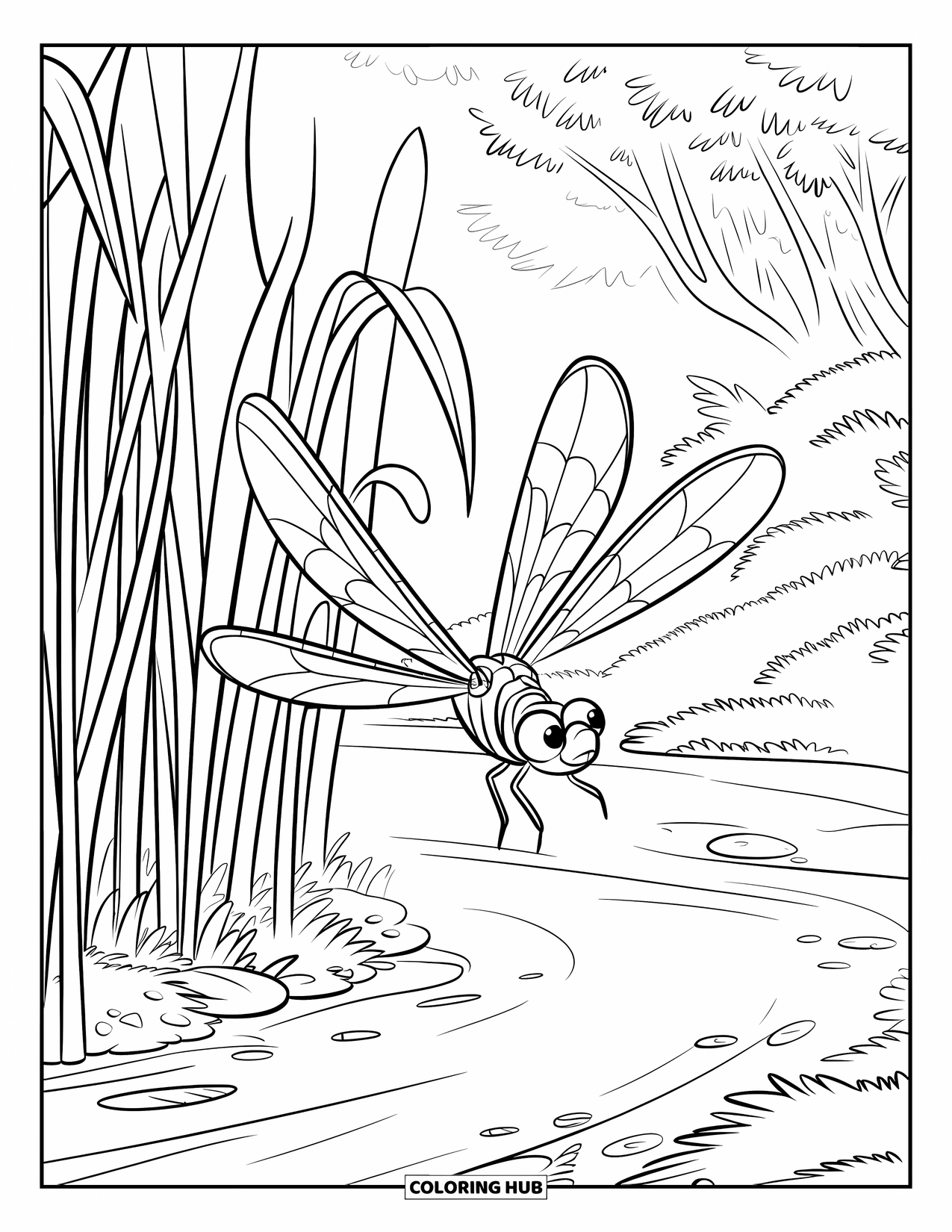 Dragonfly Coloring Page for Kids: A dragonfly with striped wings flies near a stream in a lush forest