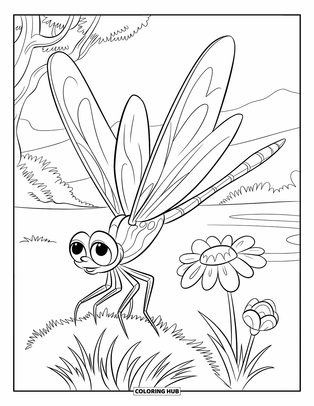 Dragonfly Coloring Page for Kids: A smiling dragonfly floats over a field of flowers with trees in the distance