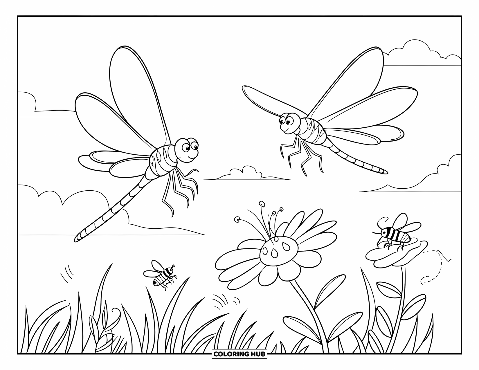 Dragonfly Coloring Page for Kids: Dragonflies buzz over flowers while bees flutter nearby under a clear sky