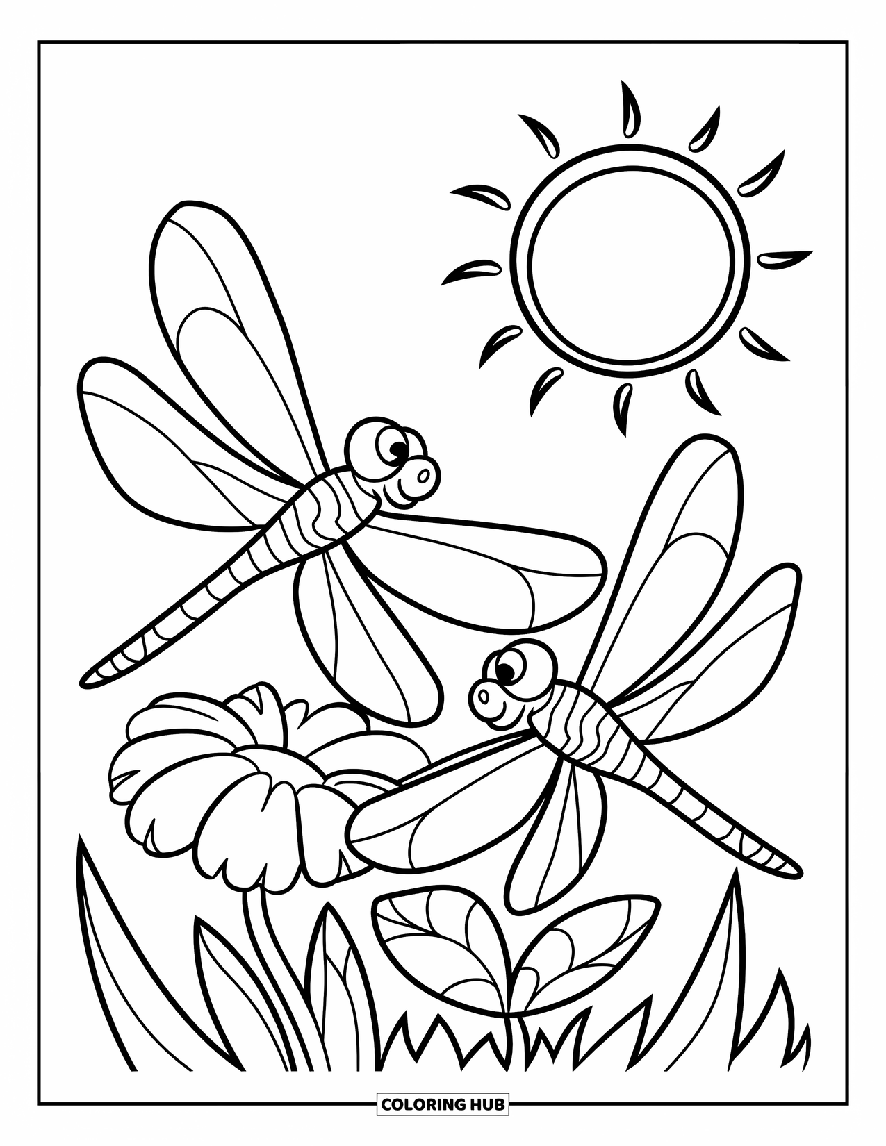 Dragonfly Coloring Page for Kids: Dragonflies flutter near a smiling flower and a sunny sky