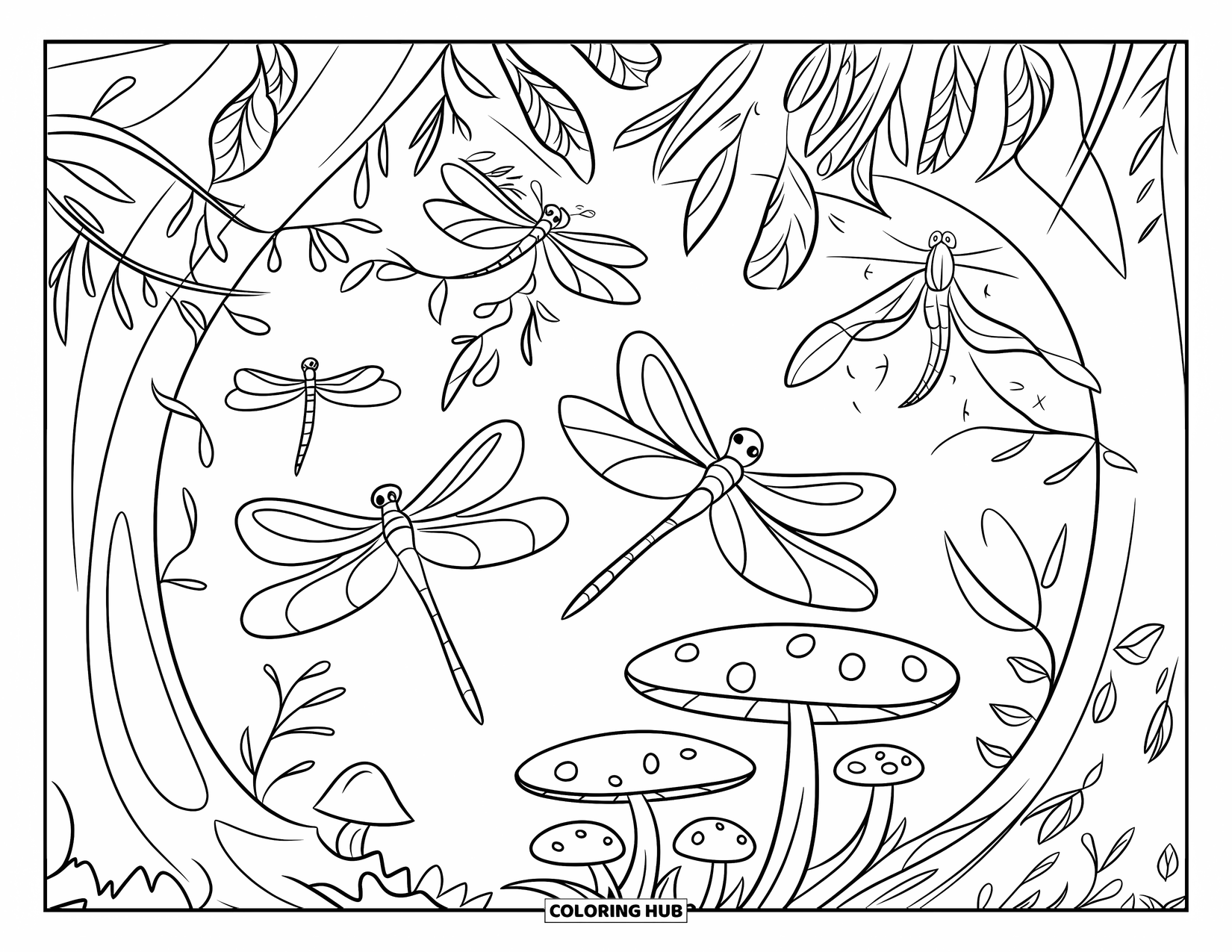 Dragonfly Coloring Page for Kids: Dragonflies flutter through a mystical forest of mushrooms and tall vines