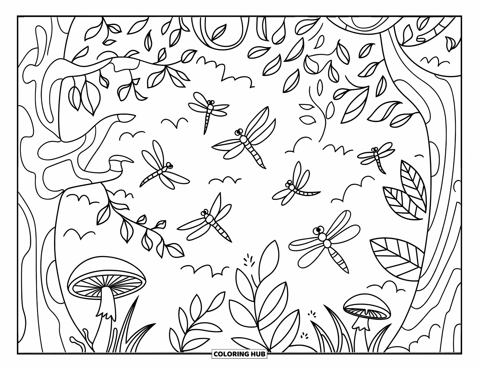 Dragonfly Coloring Page for Kids: Dragonflies zip through a magical forest with trees, mushrooms, and winding paths