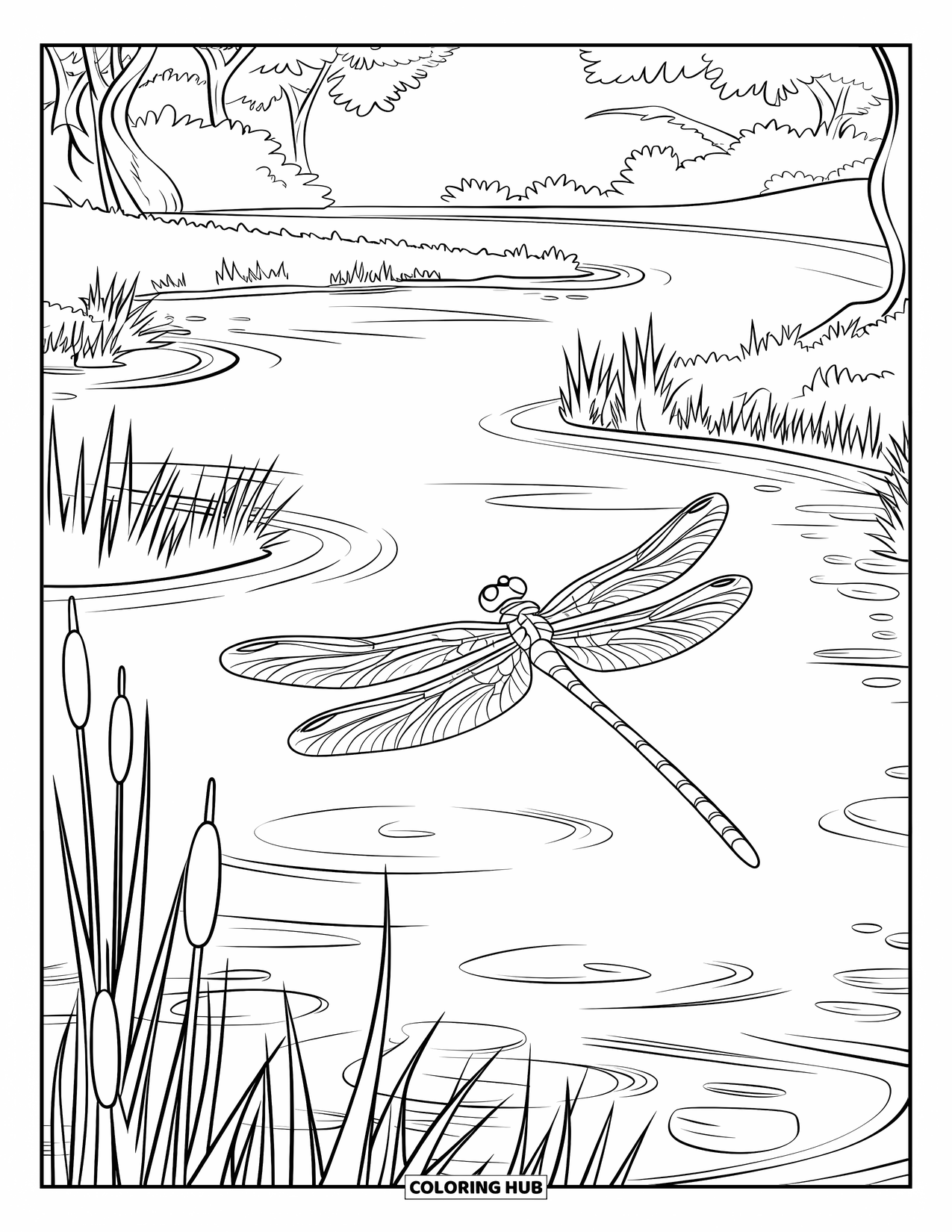 Dragonfly Coloring Page for Kids: Dragonfly wings glisten as it flies over a quiet lake and trees