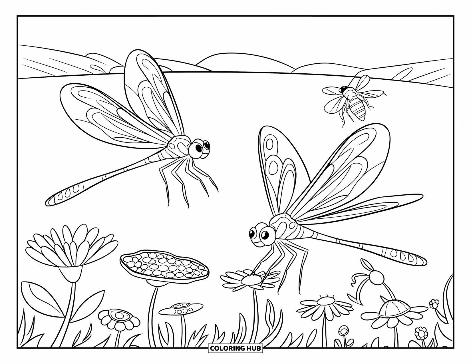 Dragonfly Coloring Page for Kids: Two dragonflies and some bees fly over flowers with hills in the background