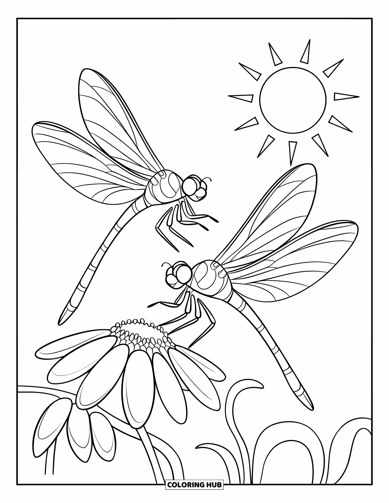Dragonfly Coloring Page for Kids: Two dragonflies hover near a flower under a bright, cheerful sun