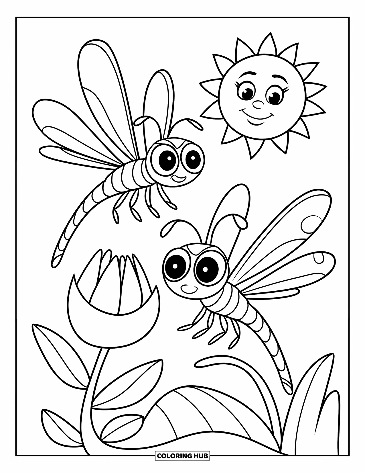 Dragonfly Coloring Page for Kids: Two dragonflies zip around a happy flower while the sun beams overhead