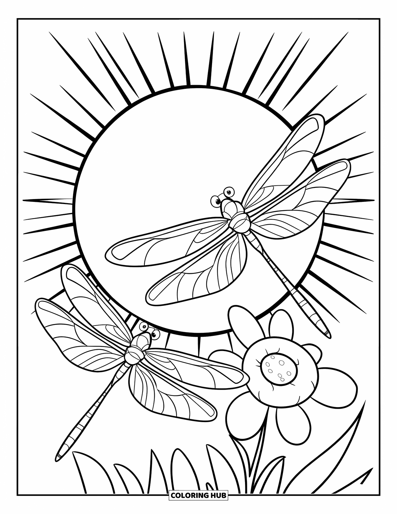 Dragonfly Coloring Page for Kids: Two large dragonflies dance near a flower with sunrays shining above