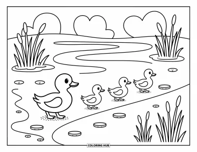 Desenho de patinhos para colorir para adultos: Família de patos seguindo a beira da lagoa entre juncos, taboás e folhas flutuantes
