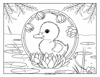 Desenho de patinhos para colorir para adultos: Patinho à beira de uma lagoa dentro de uma moldura de vitral com lótus