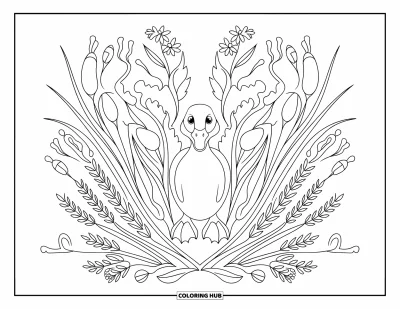 Desenho de patinhos para colorir para adultos: Patinho centralizado em um padrão simétrico de juncos e flores silvestres