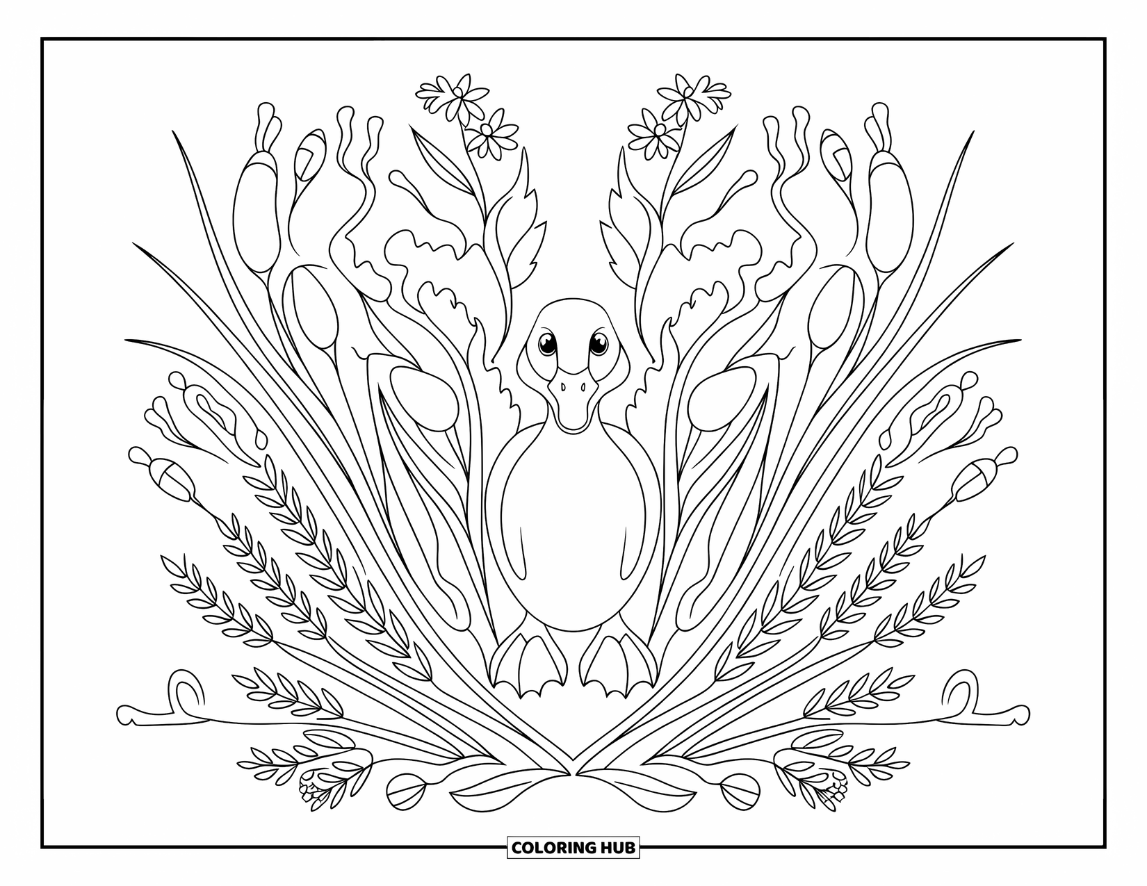 Duckling Coloring Page for Adults: Duckling centered in a symmetrical pattern of reeds and wildflowers