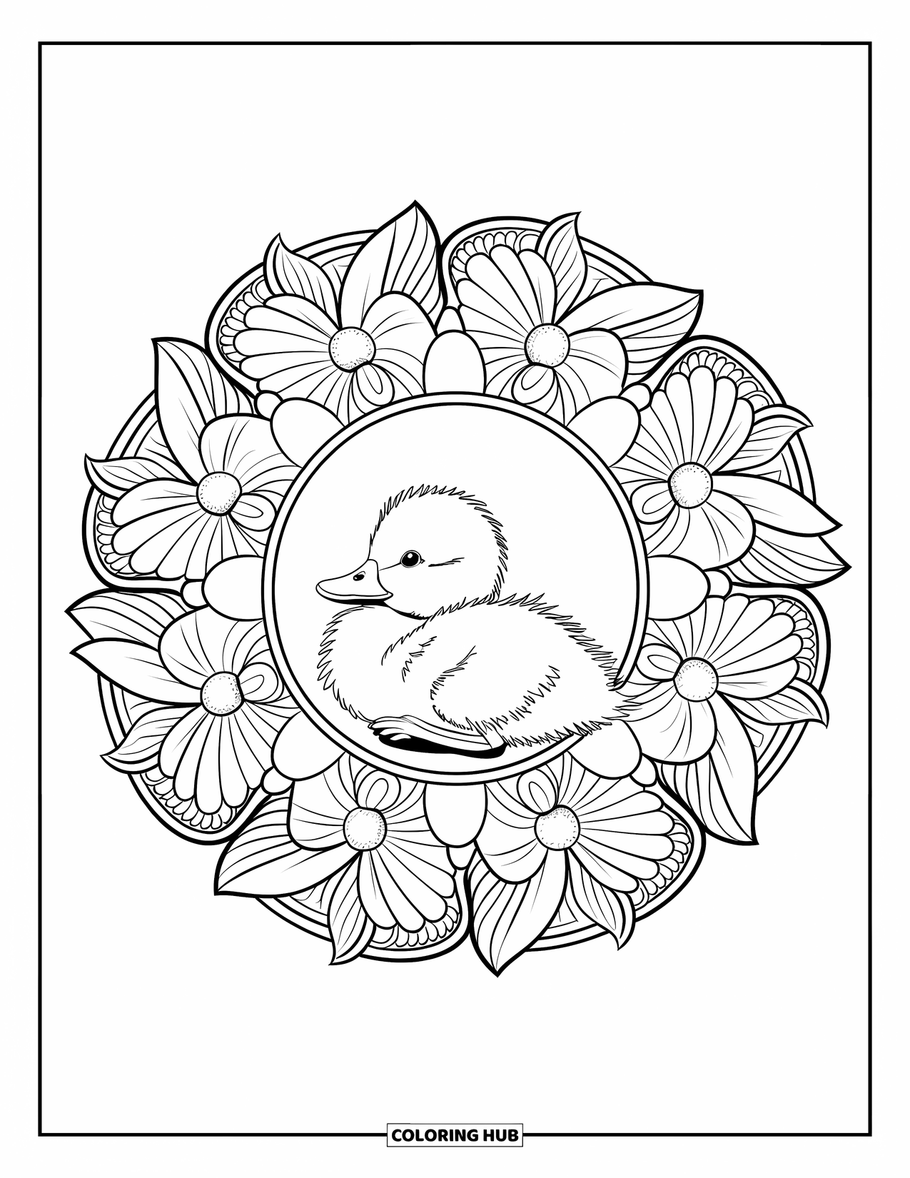 Duckling Coloring Page for Adults: Duckling centered in an intricate floral mandala design