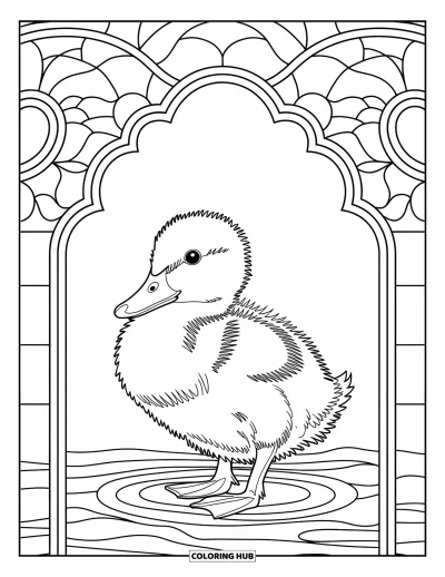 Desenho de patinhos para colorir para adultos: Patinho emoldurado por ornamentados padrões de vitral com ondulações de água