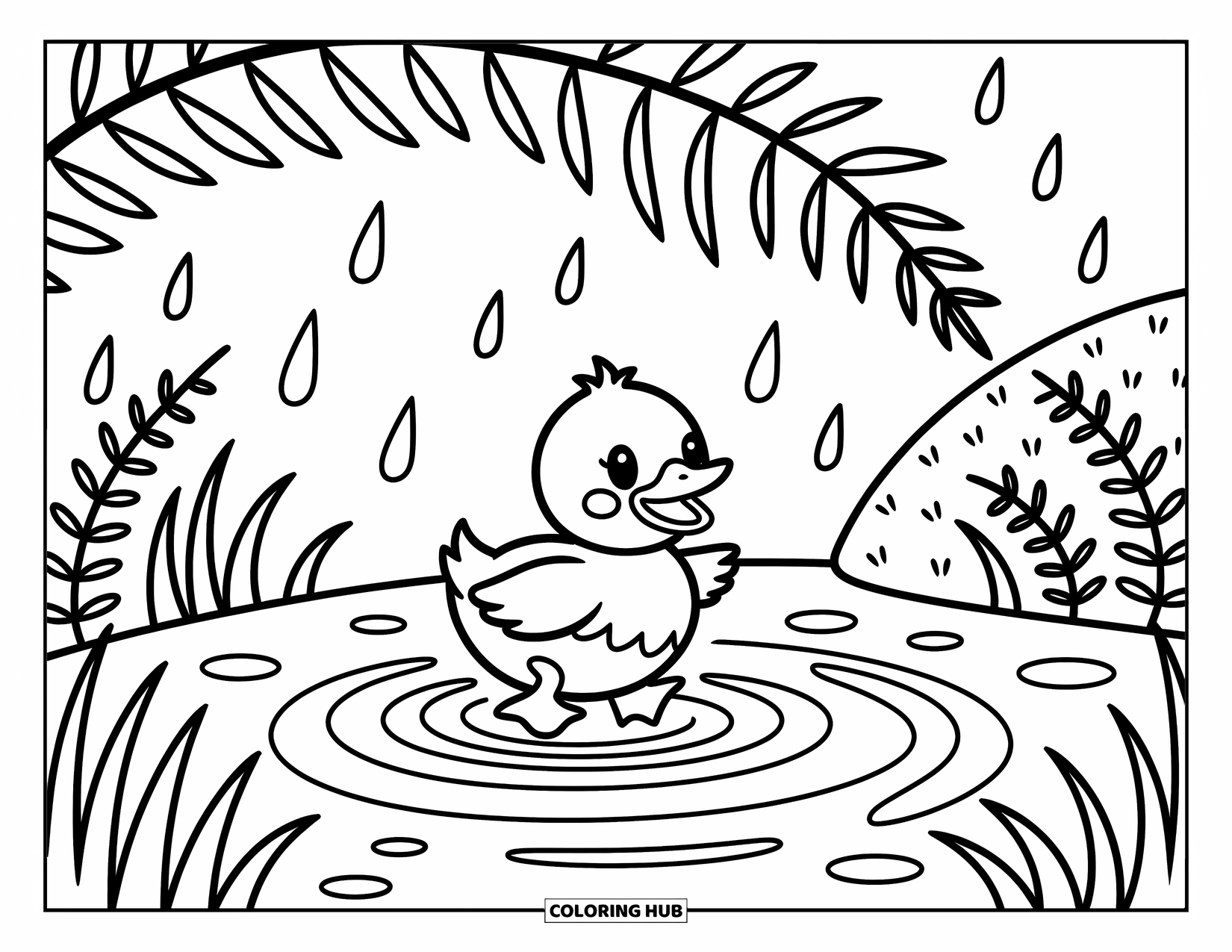 Duckling Coloring Page for Adults: Duckling hops into a shallow puddle beneath a large drooping leaf