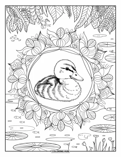 Desenho de patinhos para colorir para adultos: Patinho em uma mandala botânica com vitórias-régias e peixes