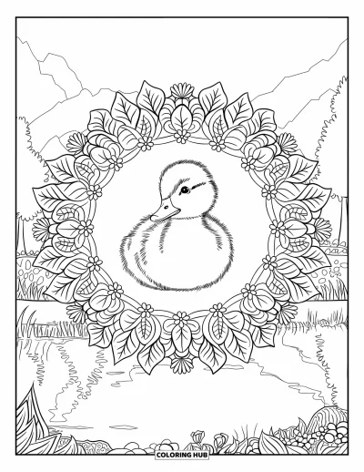 Desenho de patinhos para colorir para adultos: Patinho em uma mandala botânica com montanhas e um lago sereno