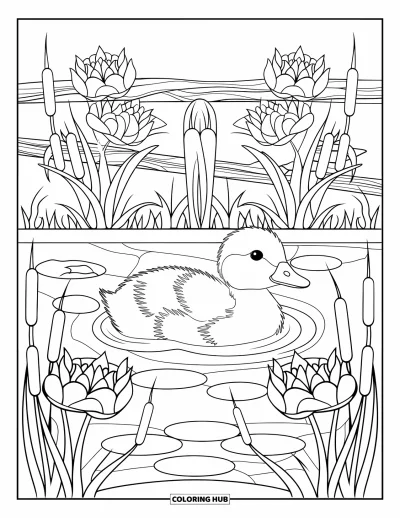 Desenho de patinhos para colorir para adultos: Patinho em uma lagoa com lírios e taboás ao longo da margem