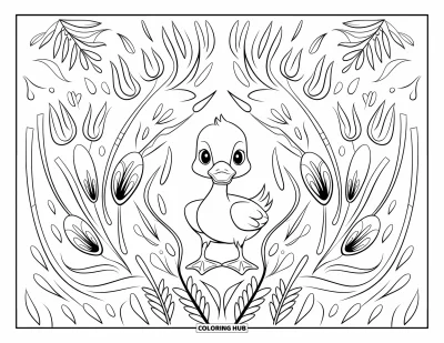 Desenho de patinhos para colorir para adultos: Patinho no centro de um design botânico de juncos e flores silvestres