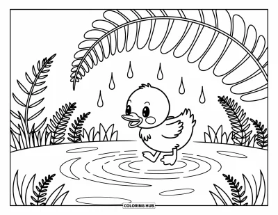 Desenho de patinhos para colorir para adultos: Patinho pulando em uma poça com ondulações sob uma folha e tufos de grama