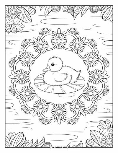 Desenho de patinhos para colorir para adultos: Patinho sobre uma vitória-régia dentro de uma mandala floral de margaridas e folhas