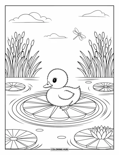 Desenho de patinhos para colorir para adultos: Patinho sobre uma vitória-régia com ondulações, um nenúfar e uma libélula pairando
