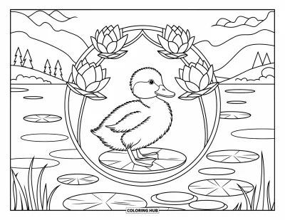 Desenho de patinhos para colorir para adultos: Patinho sobre uma vitória-régia dentro de uma moldura de vitral com lótus