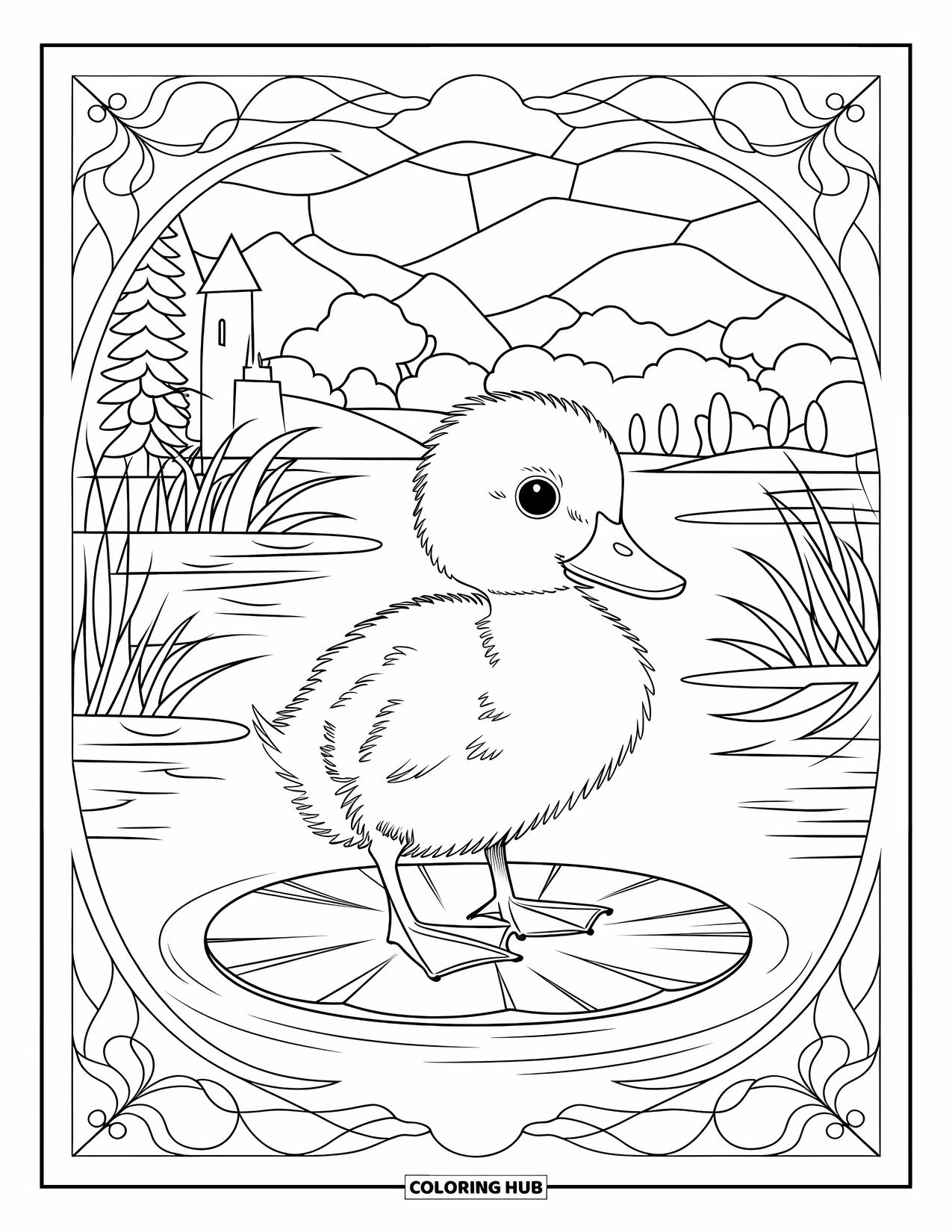 Duckling Coloring Page for Adults: Duckling on a lily pad within a stained glass water ripple design