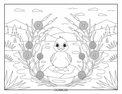 Desenho de patinhos para colorir para adultos: Patinho em uma pedra em uma lagoa emoldurada por juncos e flores silvestres