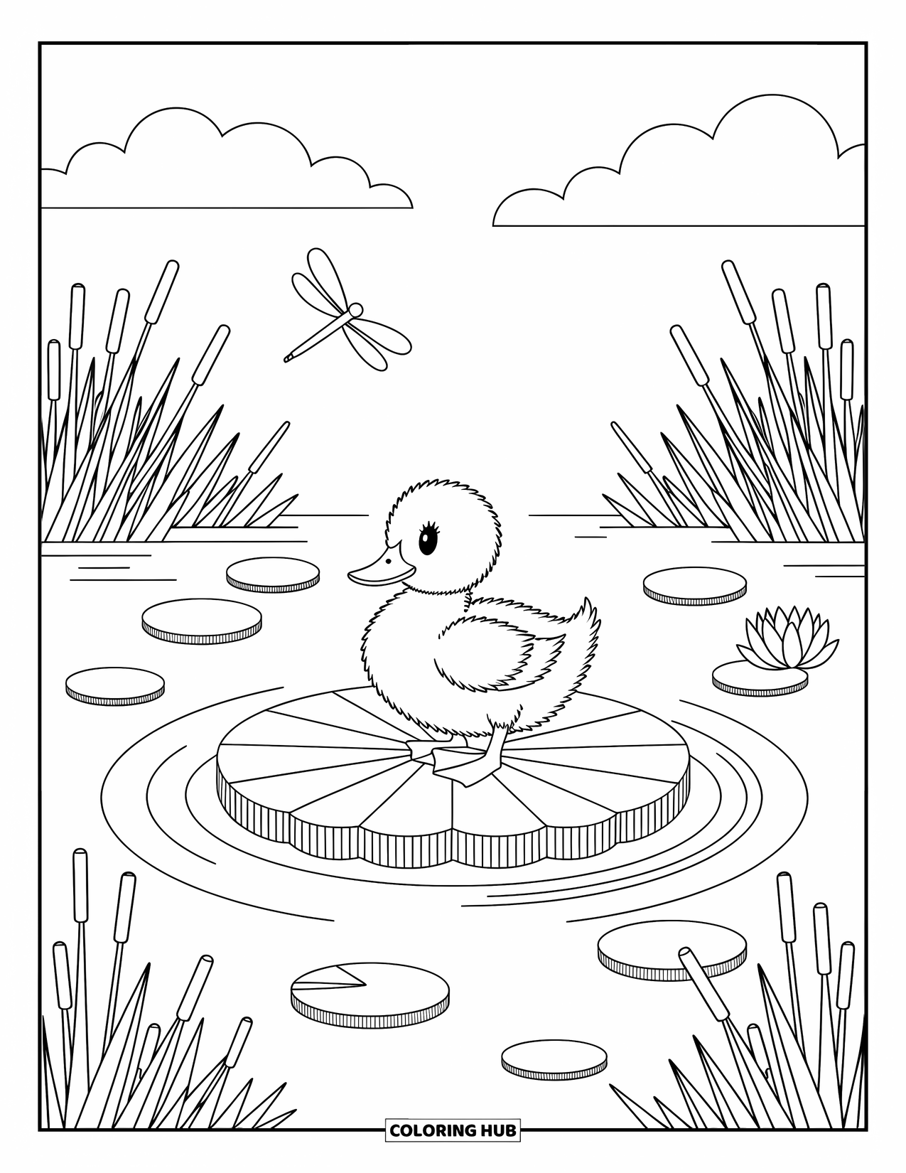 Duckling Coloring Page for Adults: Duckling perched on a lily pad with waterlily, dragonfly, and gentle ripples