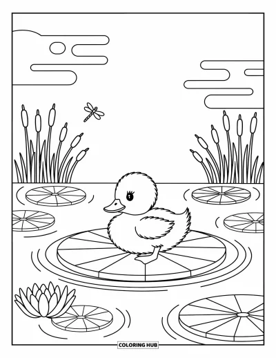 Desenho de patinhos para colorir para adultos: Patinho sentado em uma vitória-régia cercado por ondulações, juncos e uma libélula
