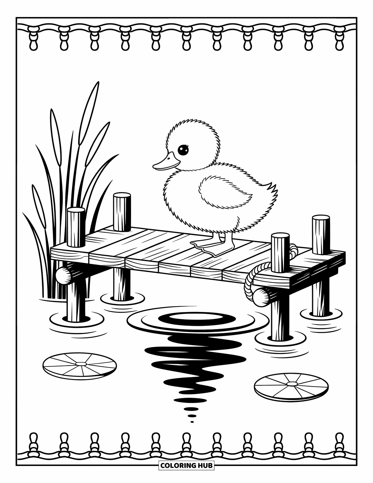 Duckling Coloring Page for Adults: Duckling stands on a dock beside lily pads, gazing into calm water