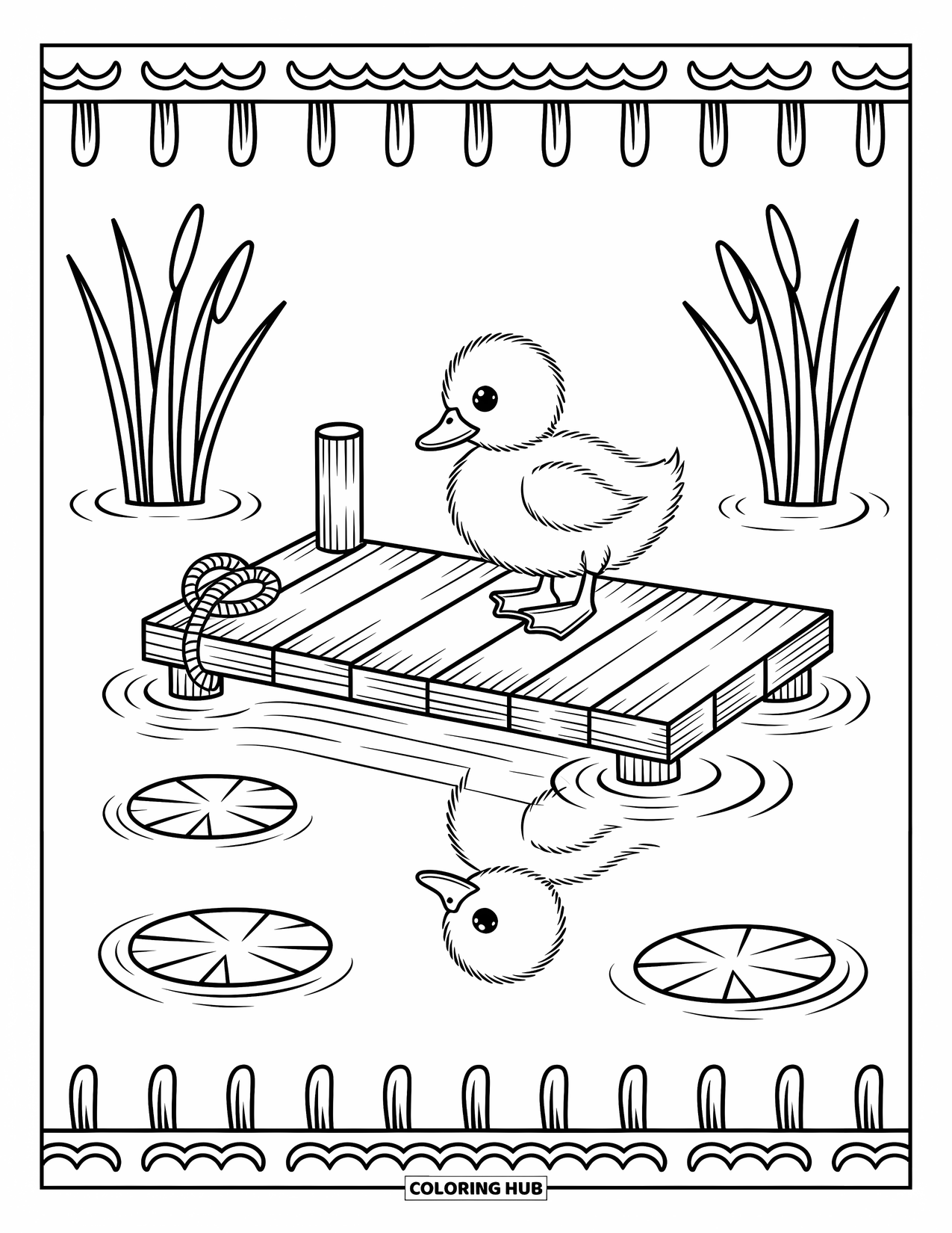 Duckling Coloring Page for Adults: Duckling stands on a wooden dock gazing at its reflection in the water