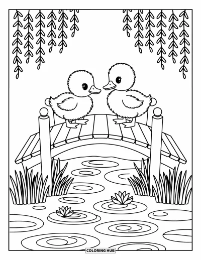 Desenho de patinhos para colorir para adultos: Patinhos atravessando uma pequena ponte acima de água com ondulações e vitórias-régias