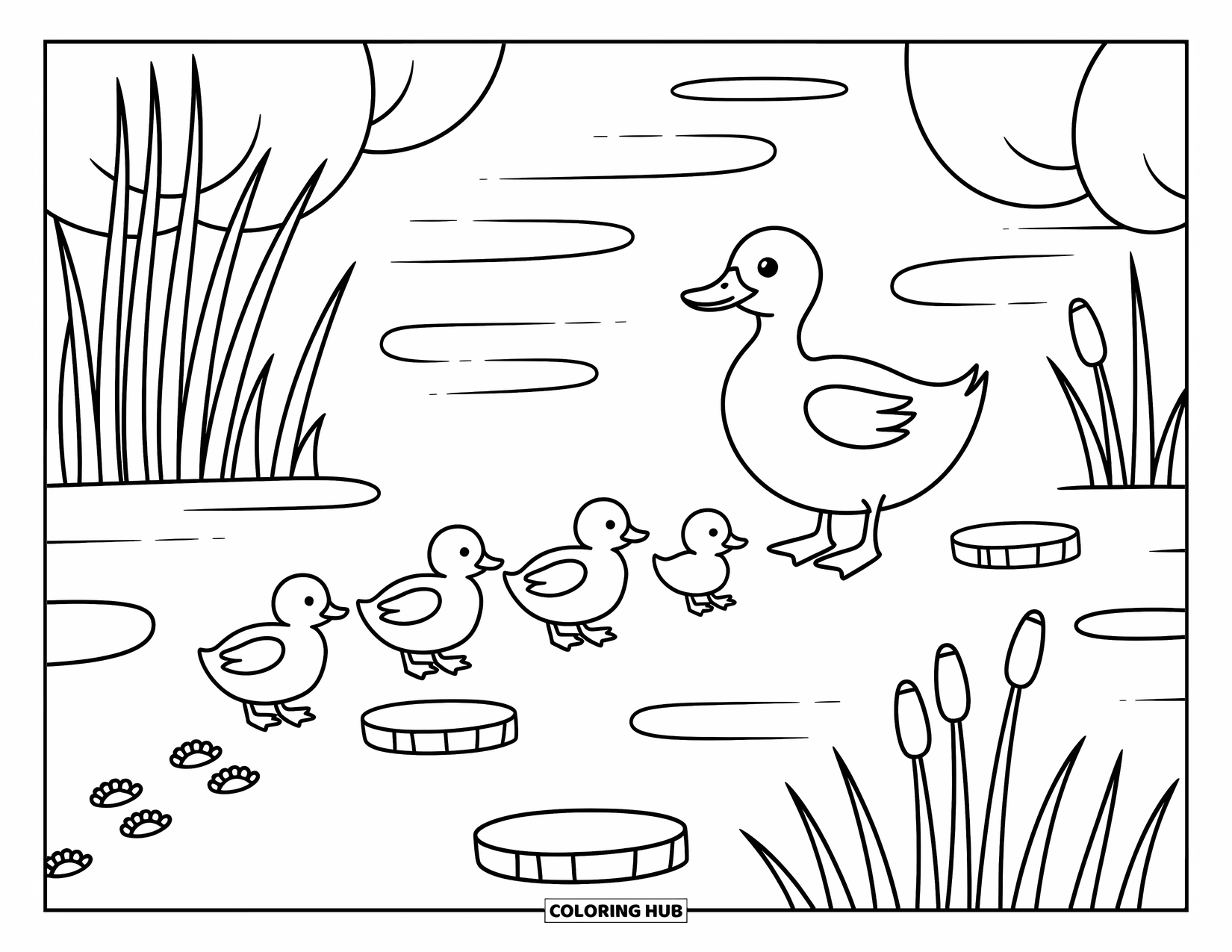 Duckling Coloring Page for Adults: Mother duck and ducklings walk past stepping stones by a rippling pond with trees