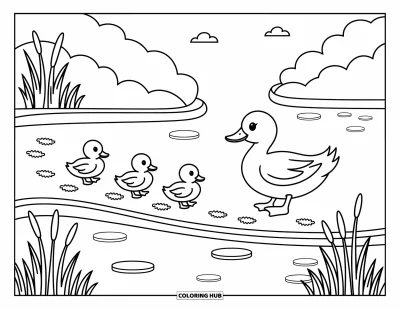 Desenho de patinhos para colorir para adultos: Mãe pata com patinhos caminhando à beira de água calma emoldurada por juncos e árvores