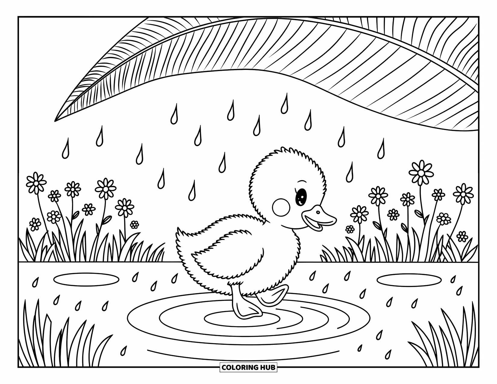 Duckling Coloring Page for Adults: Playful duckling splashes in a puddle under a leaf canopy with ferns