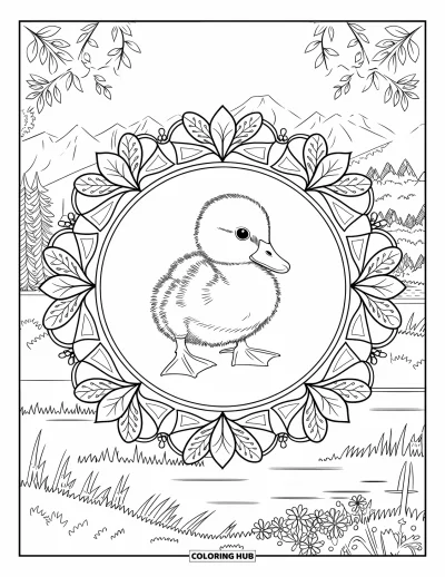Desenho de patinhos para colorir para adultos: Patinho realista dentro de uma mandala botânica com cena da natureza