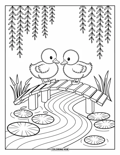 Desenho de patinhos para colorir para adultos: Dois patinhos atravessando uma ponte emoldurada por juncos e galhos de salgueiro