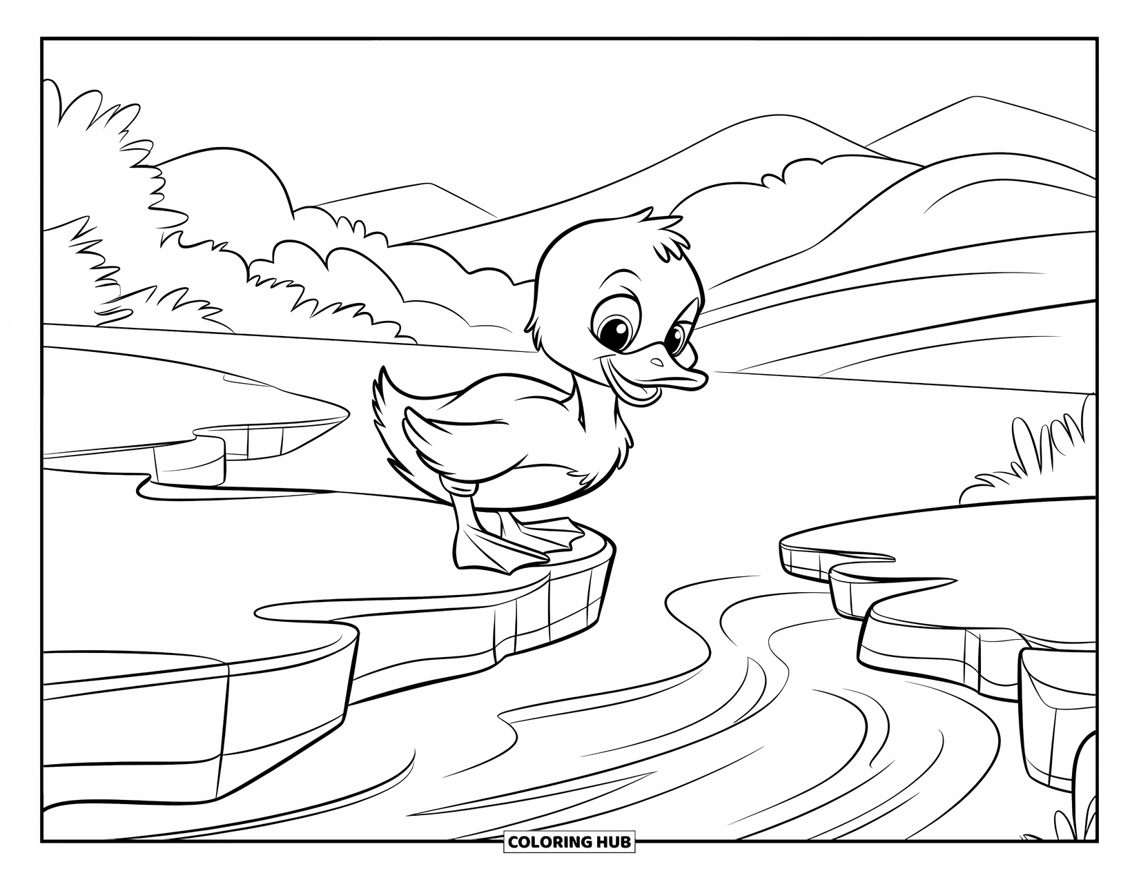 Duckling Coloring Page for Kids: Duckling balancing on a rock above a creek with mountains and trees nearby