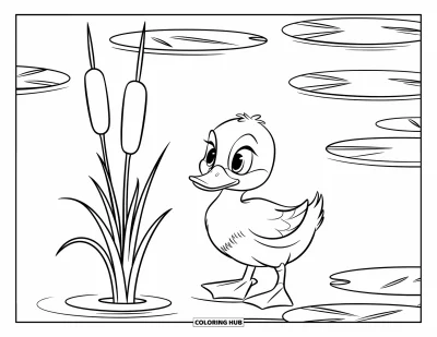 Desenho de patinhos para colorir para crianças: Patinho perto de um taboá em uma lagoa tranquila